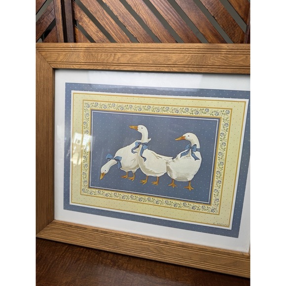 80s Vintage 3 Ducks Geese Framed Art Print Cottage Core  24.5 X 20.5 Inches - Picture 2 of 8